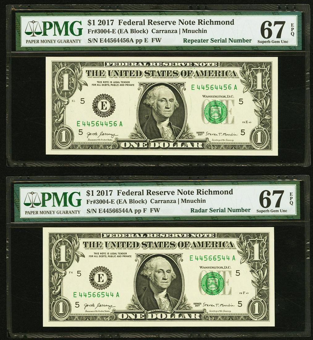 2017 $1 Repeater and Radar Serial Notes PMG 67EPQ: Lot of (2) 2017 $1 Repeater and Radar Serial Richmond Federal Reserve Notes PMG 67EPQ.
