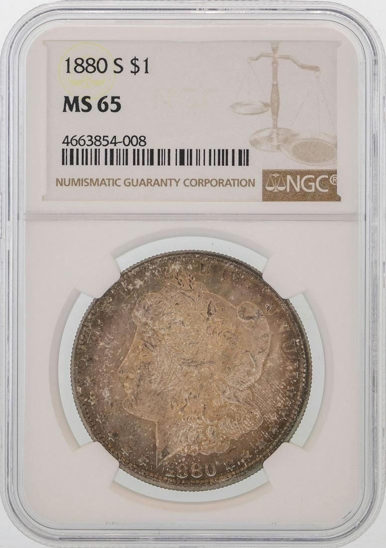 1880-S $1 Morgan Silver Dollar Coin NGC MS65: One 1880-S $1 Morgan Silver Dollar Coin NGC MS65.