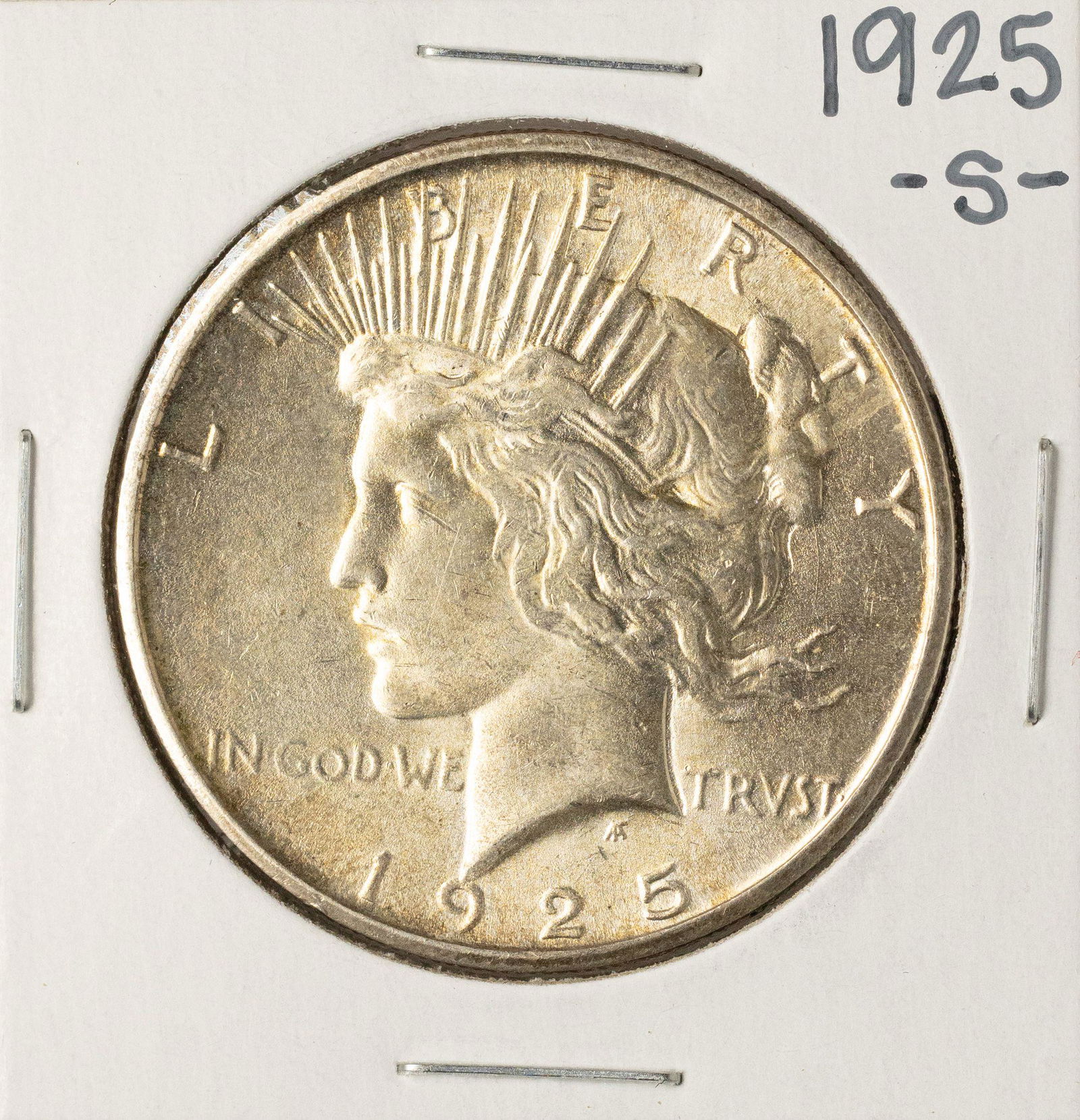1925-S $1 Peace Silver Dollar Coin: One 1925-S $1 Peace Silver Dollar Coin.