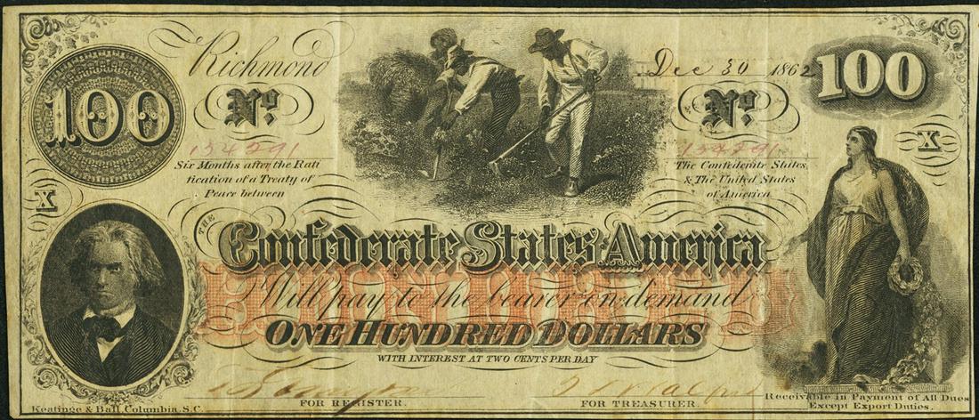 1862 $100 Confederate States of America Note T-41: One 1862 $100 Confederate States of America Note T-41.
