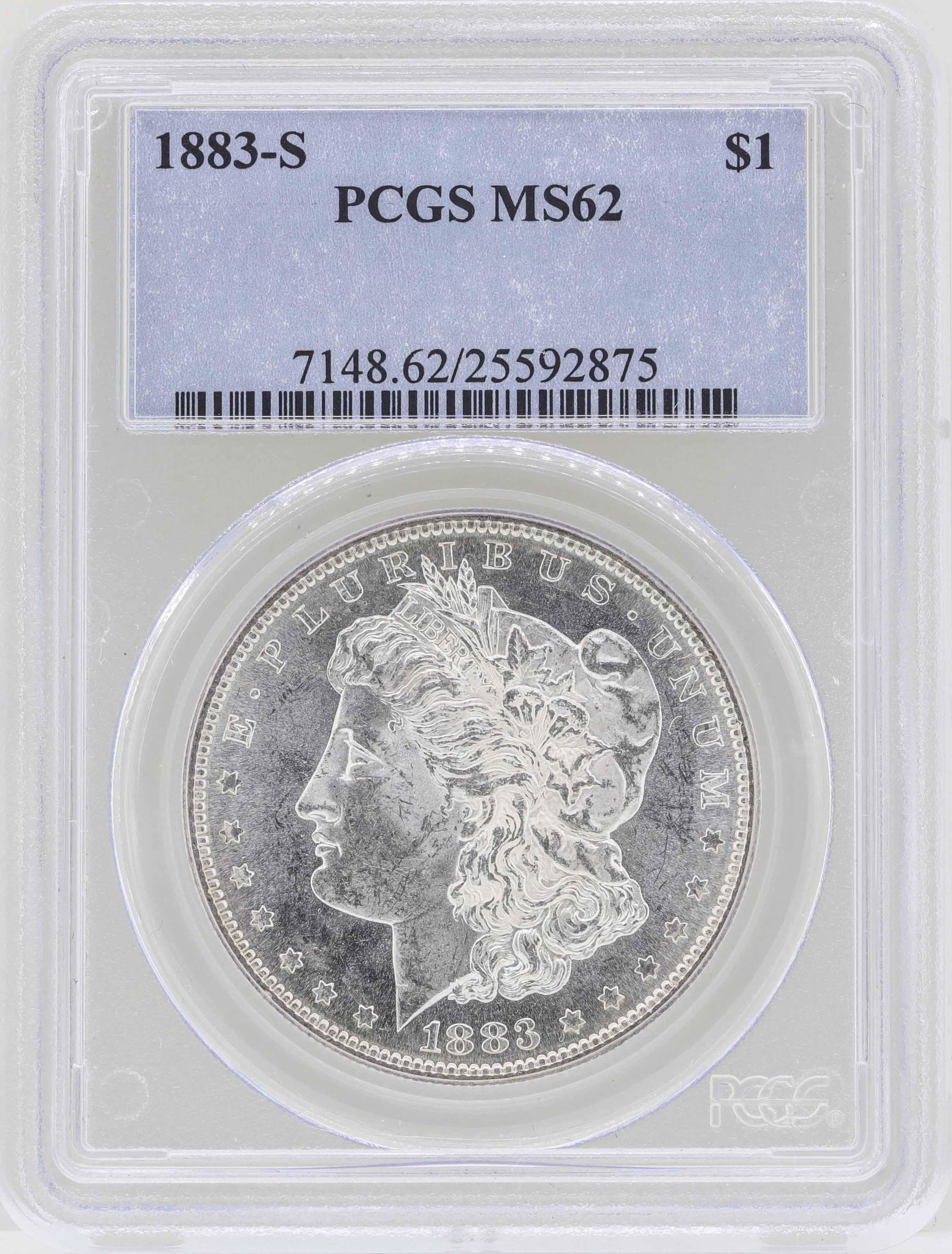 1883-S $1 Morgan Silver Dollar Coin PCGS MS62: One 1883-S $1 Morgan Silver Dollar Coin PCGS MS62.