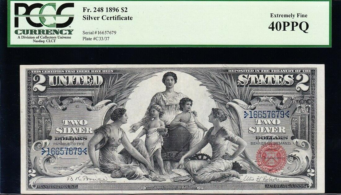 1896 $2 Educational Silver Certificate PCGS 40PPQ: One 1896 $2 Educational Silver Certificate PCGS 40PPQ.