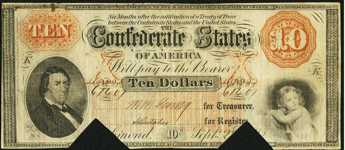 1861 $10 Confederate States of America Note: One 1861 $10 Confederate States of America Note. T24.