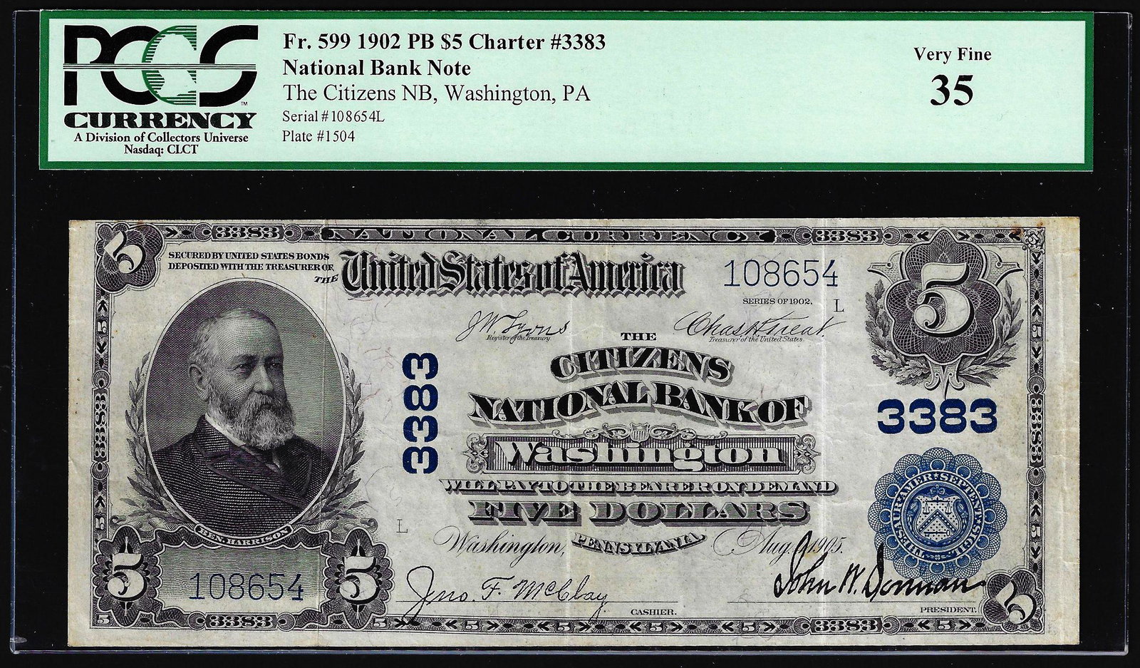 1902PB $5 Citizens NB of Washington, PA CH# 3383: One 1902PB $5 Citizens NB of Washington, PA CH# 3383 National Currency Note PCGS VF35.