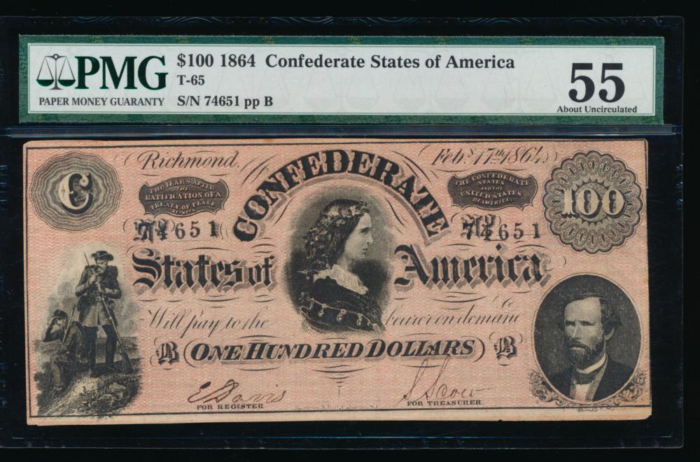 1864 $100 Confederate States of America Note PMG 55: One 1864 $100 Confederate States of America Note PMG 55.