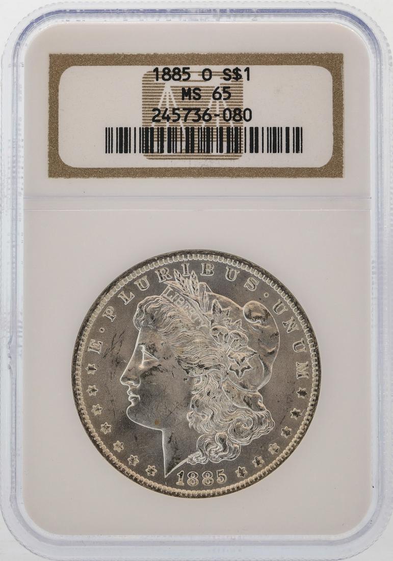 1885-O $1 Morgan Silver Dollar Coin NGC MS65: One 1885-O $1 Morgan Silver Dollar Coin NGC MS65.