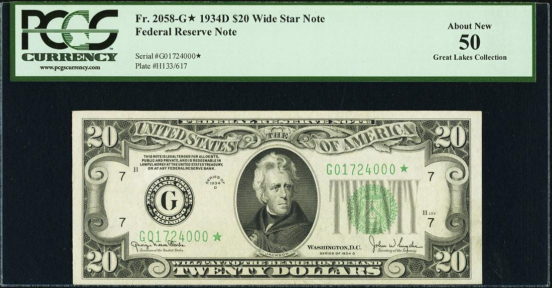 1934D $20 Chicago Federal Reserve STAR Note PCGS 50: One 1934D $20 Chicago Federal Reserve STAR Note PCGS 50.