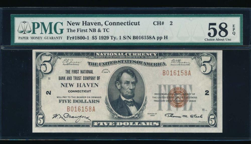 1929 $5 New Haven National Bank Note PMG 58EPQ: One 1929 $5 New Haven National Bank Note PMG 58EPQ.