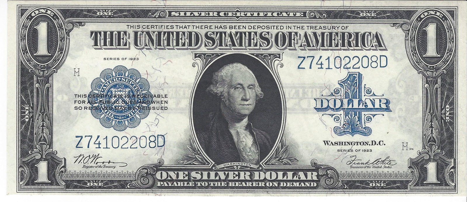 1923 $1 Silver Certificate Note: An excellent example of a $1 Silver Certificate note. The note is centered perfectly. No folds, rips, or tears or pin holes The ink pops off the note. It has excellent red and blue fibers throughout t