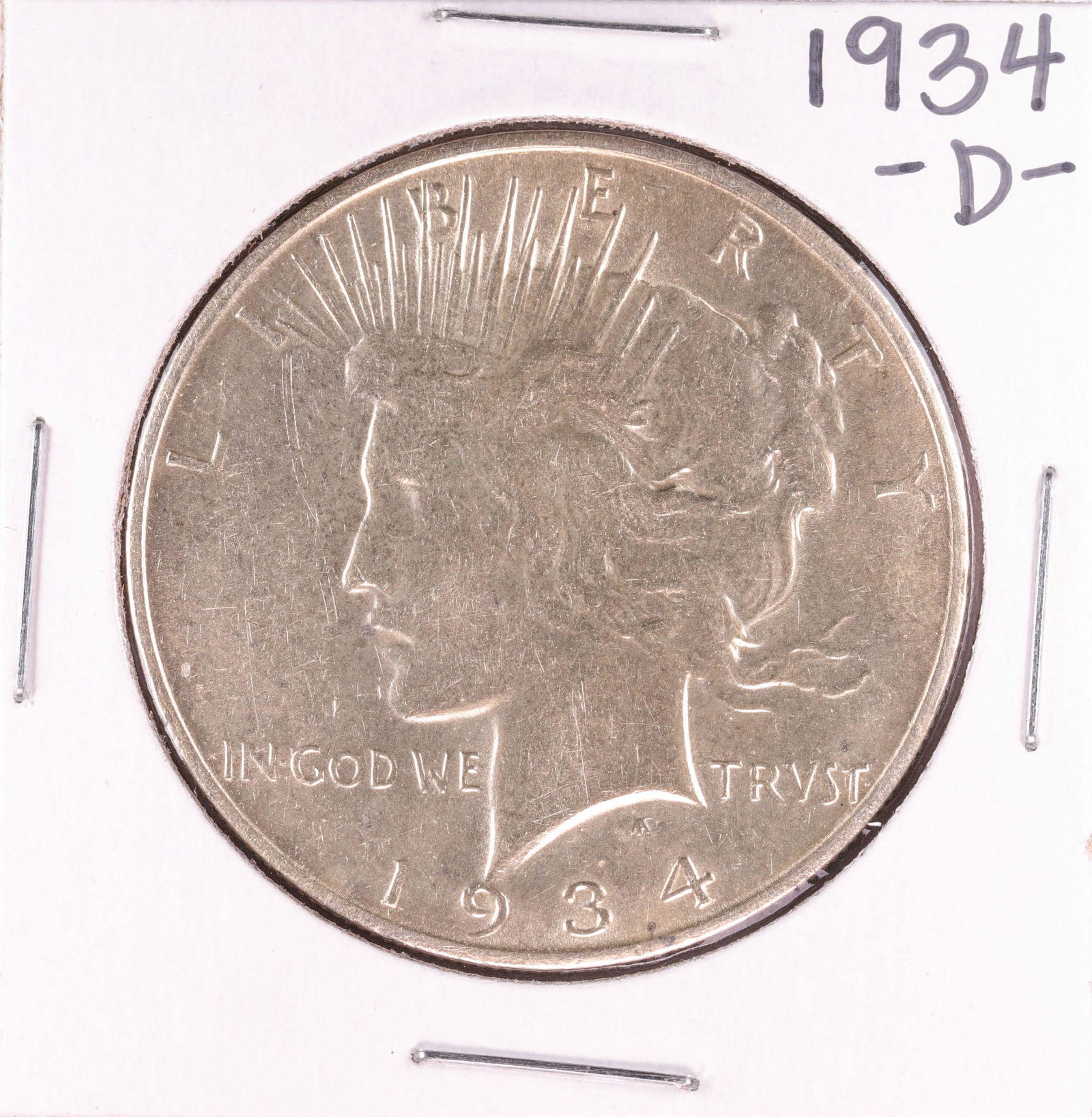 1934-D $1 Peace Silver Dollar Coin: One 1934-D $1 Peace Silver Dollar Coin.