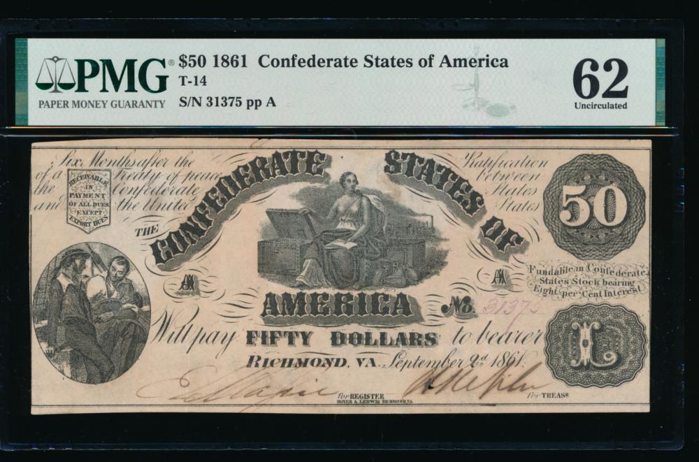 1861 $50 Confederate States of America Note PMG 62: One 1861 $50 Confederate States of America Note PMG 62.