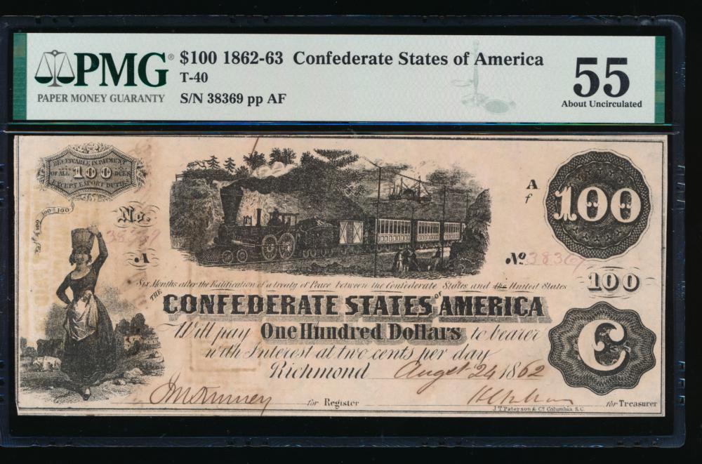 1862 $100 Confederate States of America Note PMG 55: One 1862 $100 Confederate States of America Note PMG 55.
