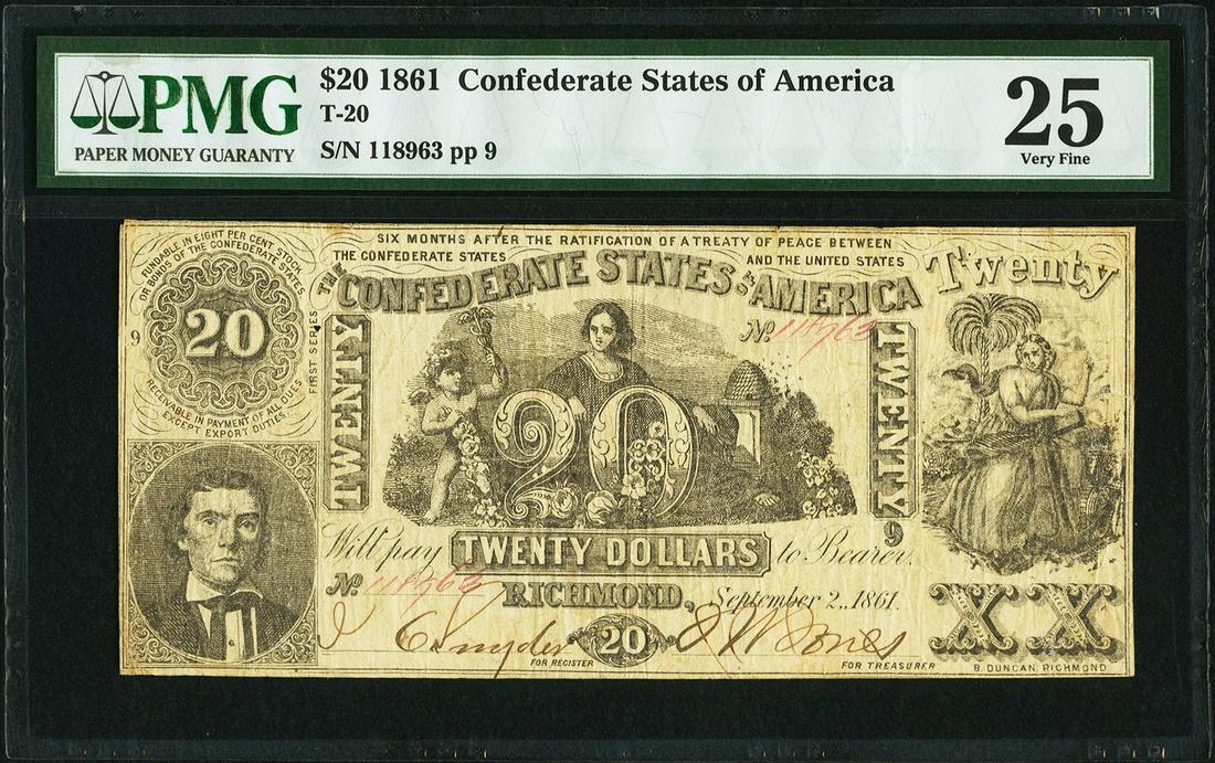 1861 $20 Confederate States of America Note PMG 25: One 1861 $20 Confederate States of America Note PMG 25.
