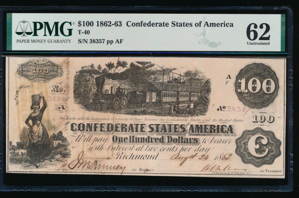 1862-63 $100 Confederate States of America Note PMG 62: One 1862-63 $100 Confederate States of America Note PMG 62.