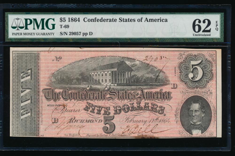 1864 $5 Confederate States of America Note PMG 62EPQ: One 1864 $5 Confederate States of America Note PMG 62EPQ.