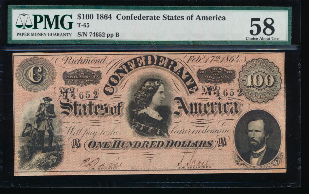 1864 $100 Confederate States of America Note PMG 58: One 1864 $100 Confederate States of America Note PMG 58.