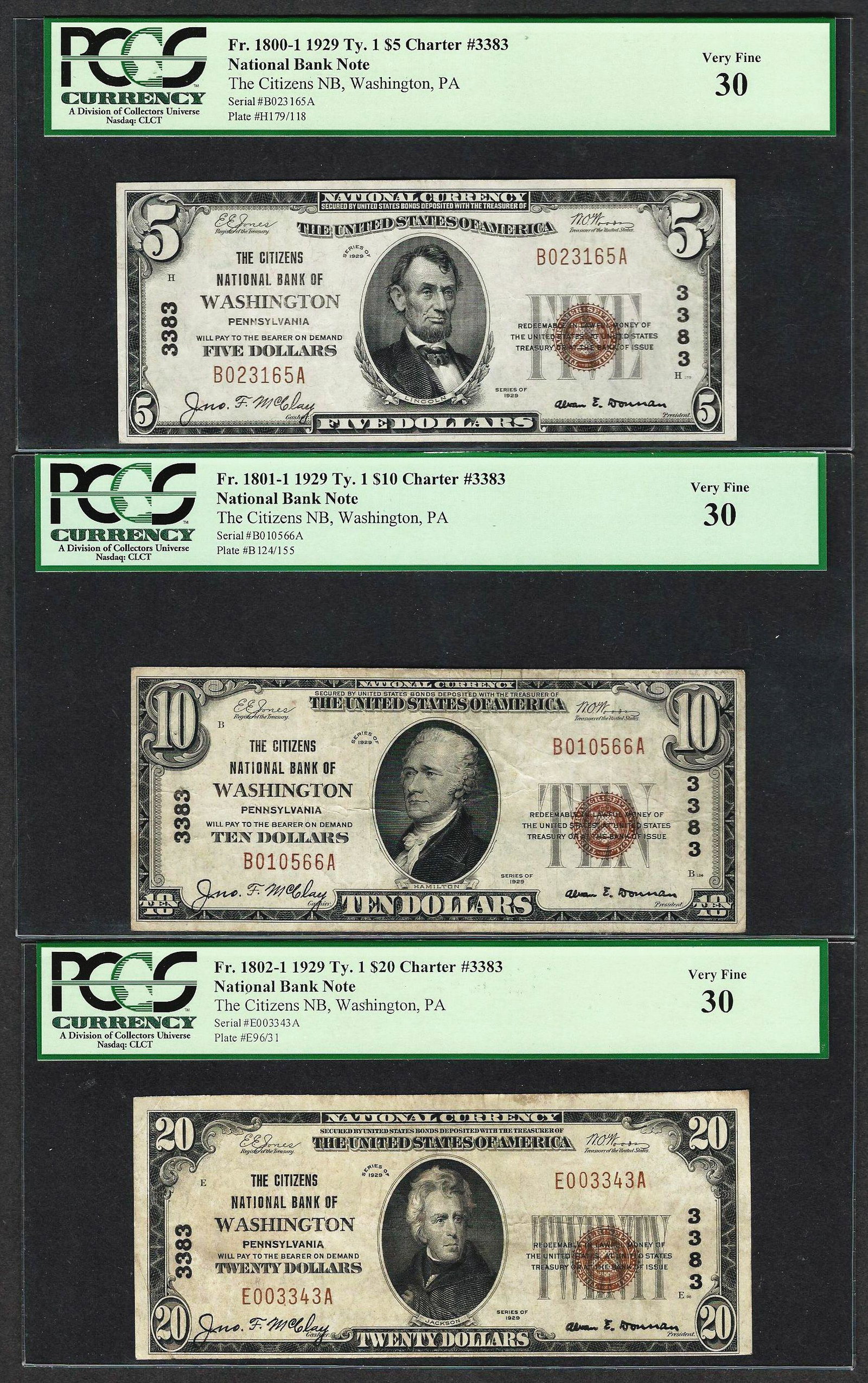 1929 $5/10/20 Citizens NB Washington, PA CH# 3383: One 1929 $5/10/20 Citizens NB Washington, PA CH# 3383 National Currency Notes PCGS VF30.