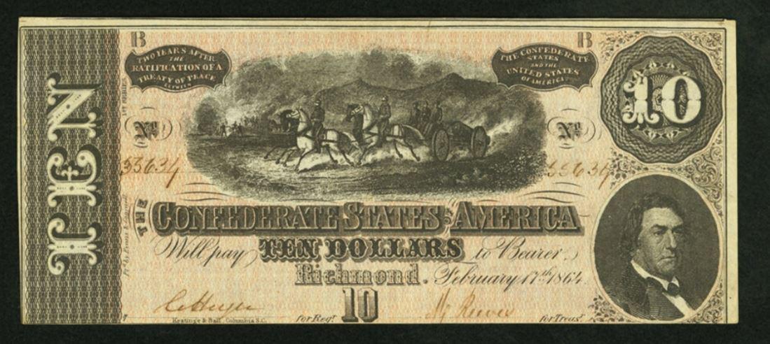 1864 $10 T-67 Confederate States of America Note: One 1864 $10 T-67 Confederate States of America Note.