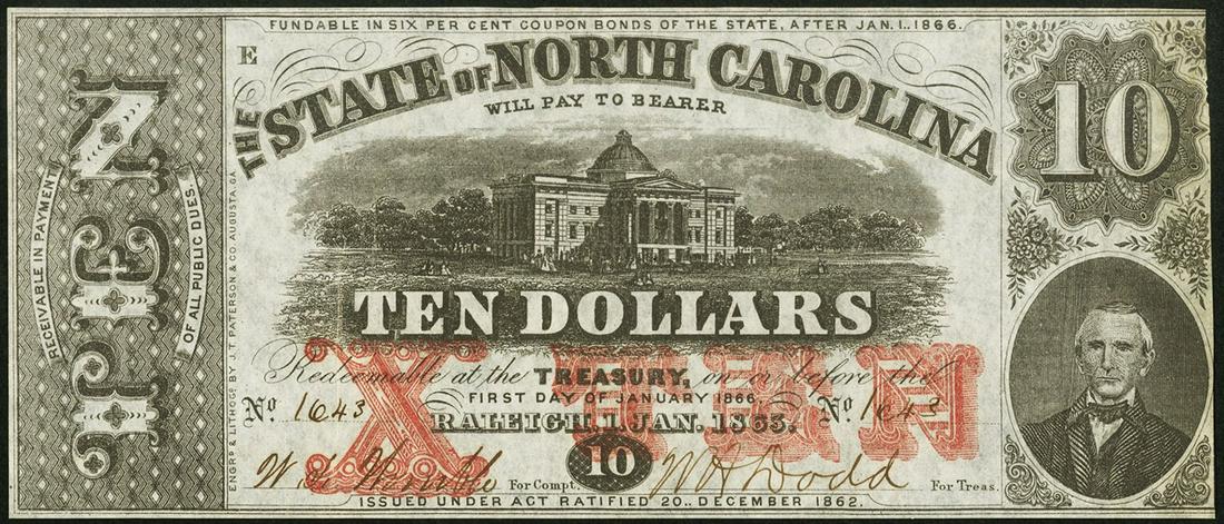 1863 $10 Raleigh NC Obsolete Note: One 1863 $10 Raleigh NC Obsolete Note.