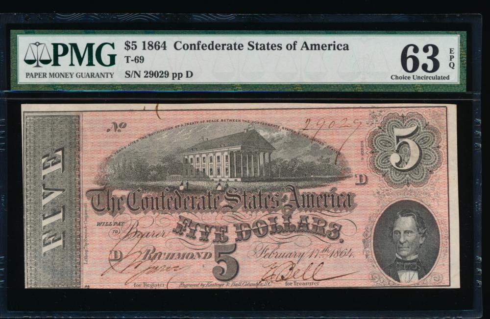1864 $5 Fancy Serial Confederate States of America Note: One 1864 $5 Fancy Serial Confederate States of America Note PMG 63EPQ.