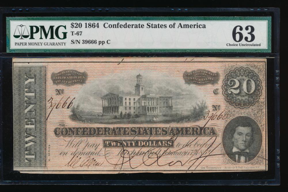 1864 $20 T-67 Confederate States of America PMG 63: One 1864 $20 T-67 Confederate States of America PMG 63.