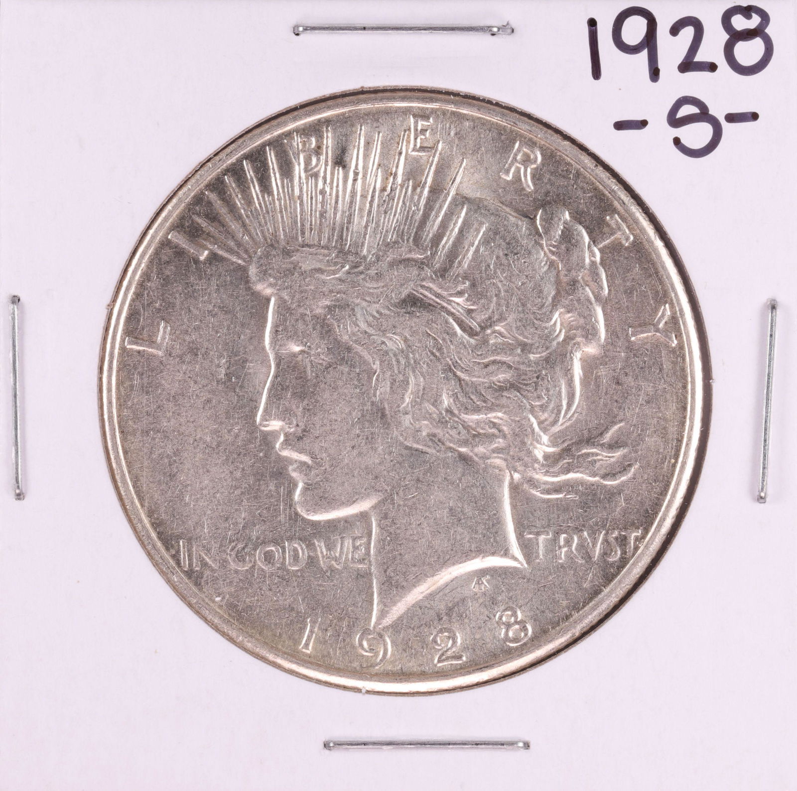 1928-S $1 Peace Silver Dollar Coin: One 1928-S $1 Peace Silver Dollar Coin.