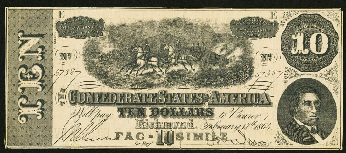 1864 $10 T-68 Facsimile Confederate States of America: One 1864 $10 T-68 Facsimile Confederate States of America Note.