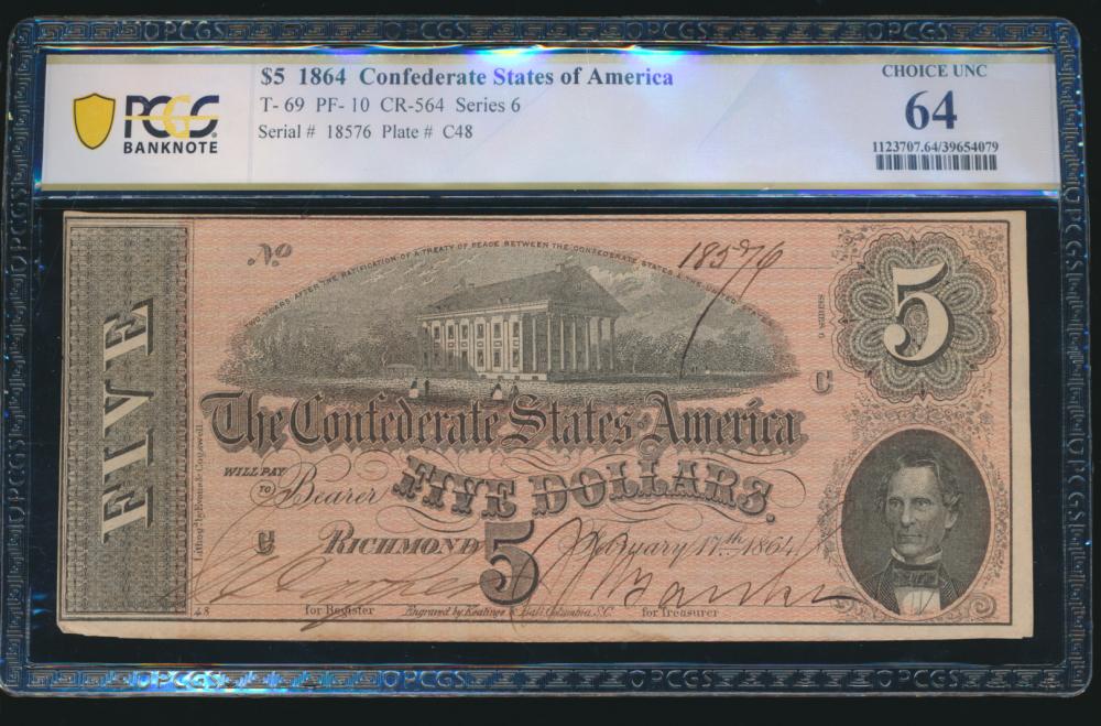 1864 $5 Confederate States of America T-69 PCGS 64: One 1864 $5 Confederate States of America T-69 PCGS 64.