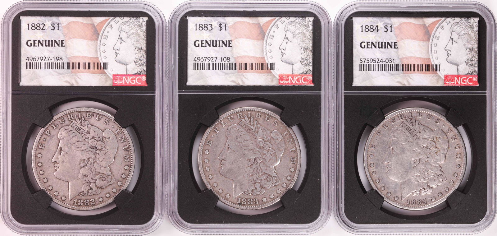 Lot of 1882-1884 $1 Morgan Silver Dollar Coins NGC: One Lot of 1882-1884 $1 Morgan Silver Dollar Coins NGC Genuine.
