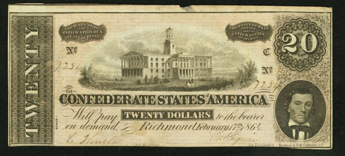 1864 $20 T-66 Confederate States of America Note: One 1864 $20 T-66 Confederate States of America Note.