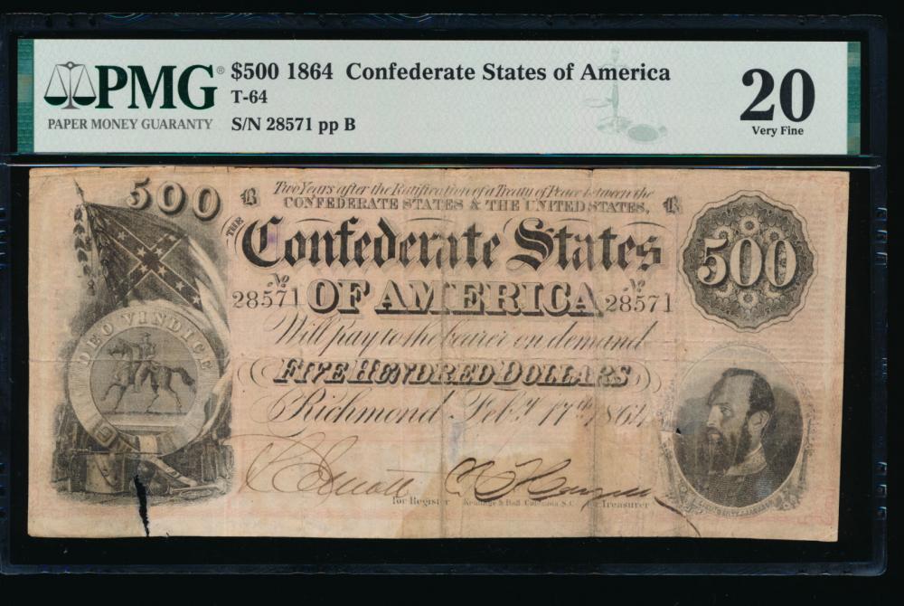 1864 $500 Confederate States of America Note PMG 20: One 1864 $500 Confederate States of America Note PMG 20.
