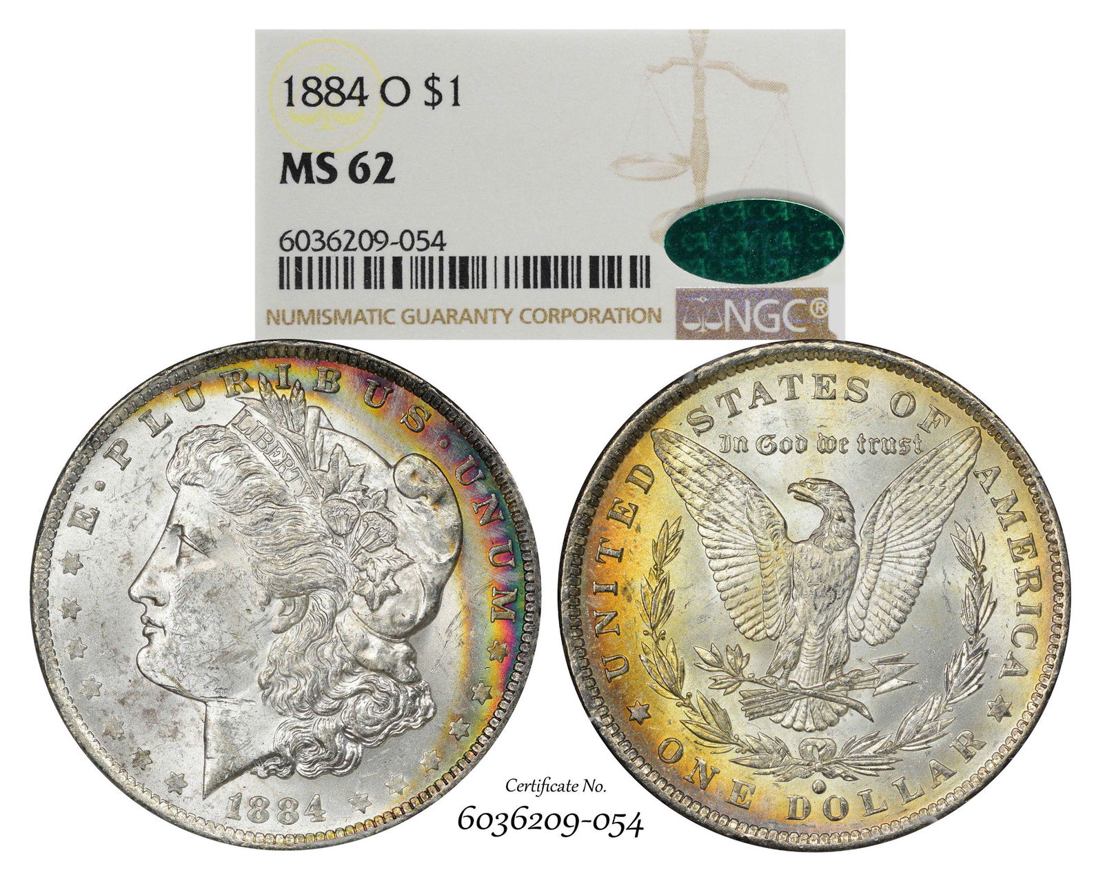 1884-O $1 Morgan Silver Dollar Coin NGC MS62 CAC Great: One 1884-O $1 Morgan Silver Dollar Coin NGC MS62 CAC Great Toning.