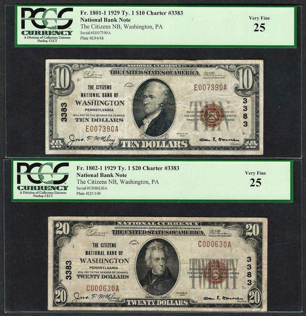 1929 $10/20 Citizens NB Washington, PA CH# 3383: One 1929 $10/20 Citizens NB Washington, PA CH# 3383 National Currency Notes PCGS VF25.