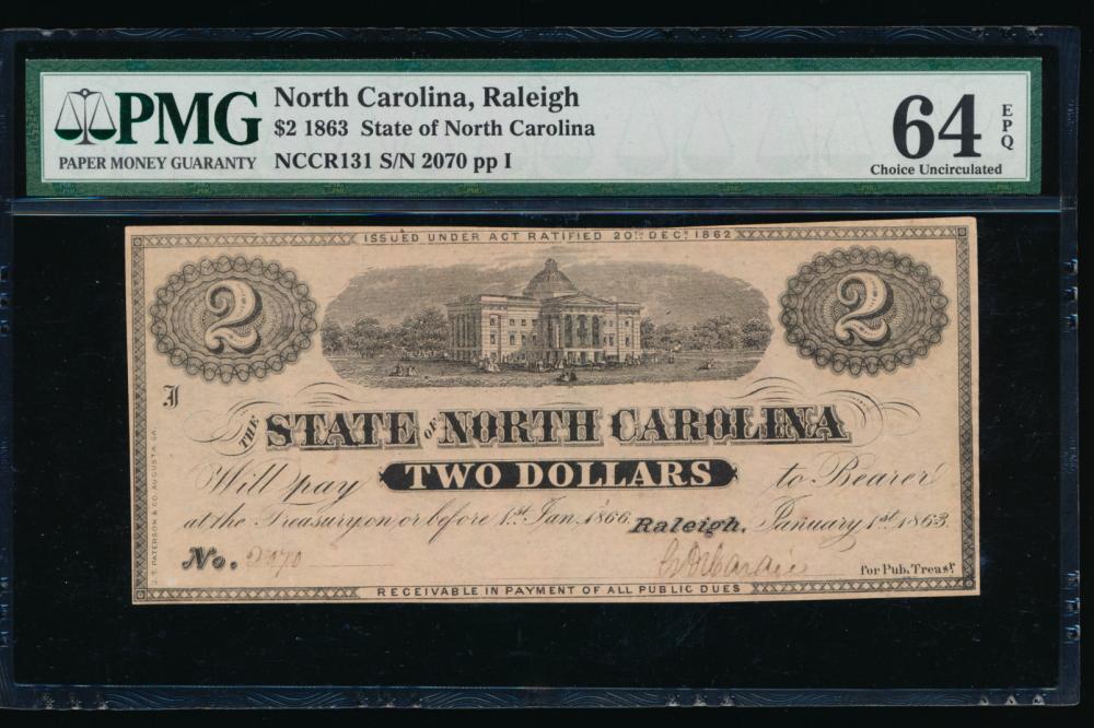 1863 Ten Cent Raleigh NC Obsolete Note PMG 64EPQ: One 1863 Ten Cent Raleigh NC Obsolete Note PMG 64EPQ.