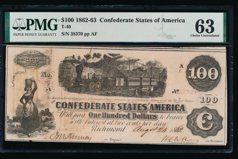 1862-63 $100 T-40 Confederate States of America PMG 63: One 1862-63 $100 T-40 Confederate States of America PMG 63.