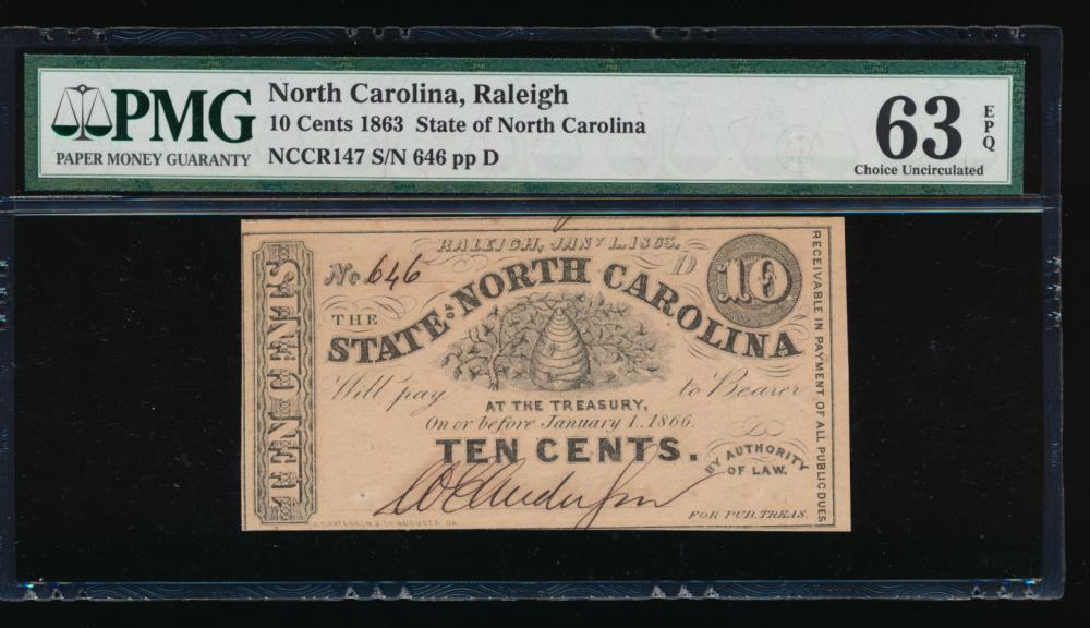 10 Cent 1863 Raleigh NC Obsolete Note PMG 63EPQ: One 10 Cent 1863 Raleigh NC Obsolete Note PMG 63EPQ.