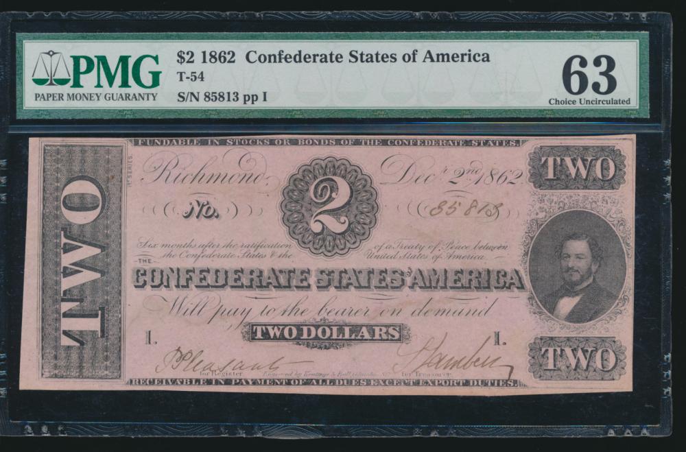 1862 $2 Confederate States of America T-54 PMG 63: One 1862 $2 Confederate States of America T-54 PMG 63.
