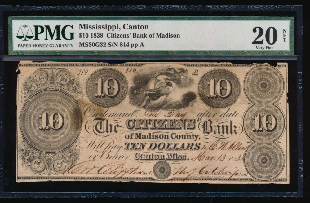 1838 $10 Citizens Bank of Madison Note PMG 20NET: One 1838 $10 Citizens Bank of Madison Note PMG 20NET.