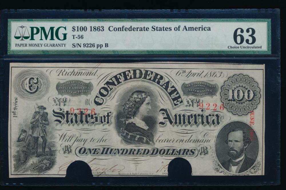 1863 $100 Confederate States of America Note PMG 63: One 1863 $100 Confederate States of America Note PMG 63.