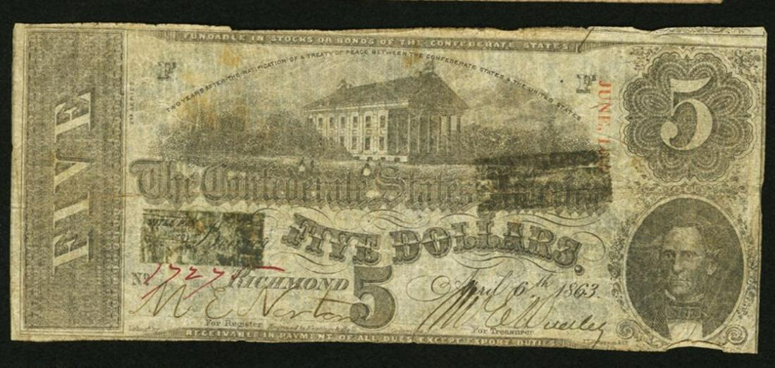 1863 $5 T60 Confederate States of America Note: One 1863 $5 T60 Confederate States of America Note.