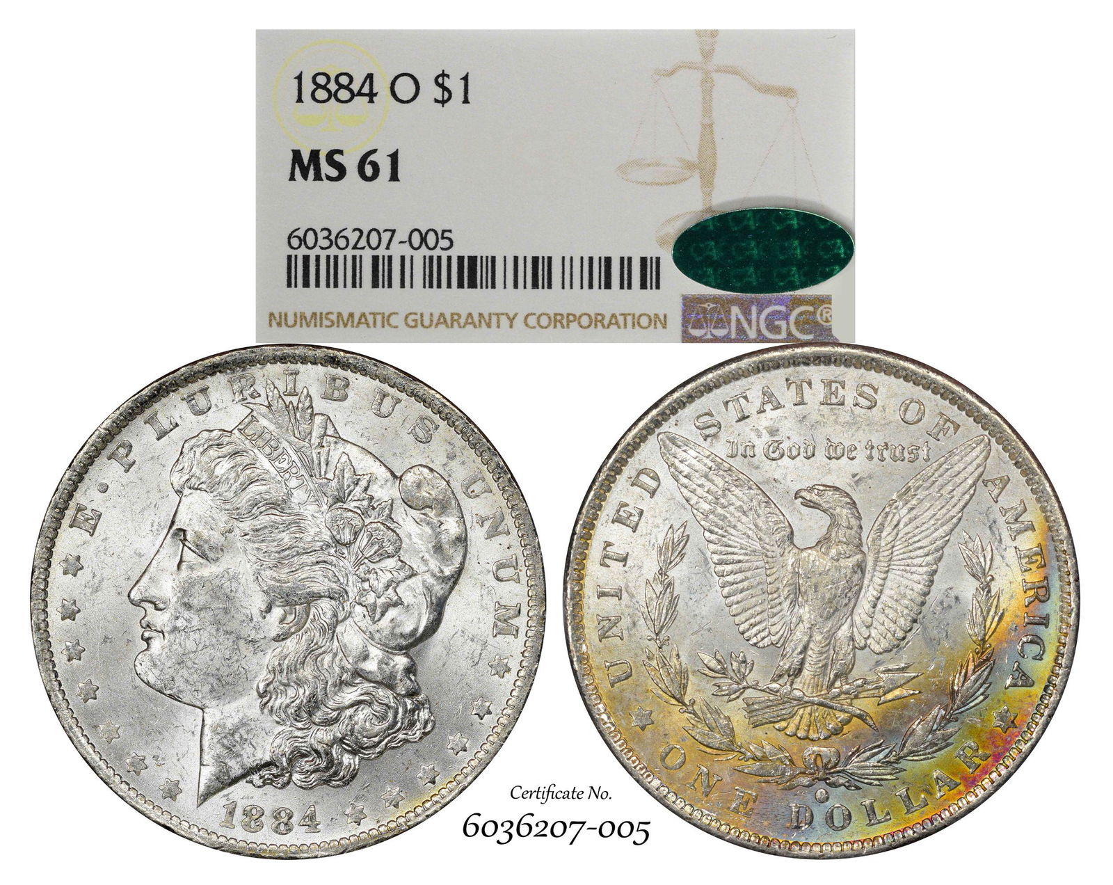 1884-O $1 Morgan Silver Dollar Coin NGC MS61 CAC Great: One 1884-O $1 Morgan Silver Dollar Coin NGC MS61 CAC Great Toning.
