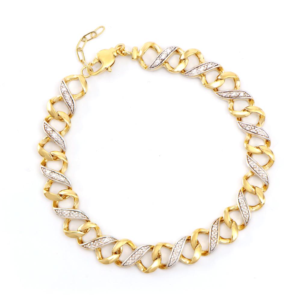 Plated 18KT Yellow Gold Diamond Bracelet: One Plated 18KT Yellow Gold Diamond Bracelet. Diamonds with a total weight of 0.18cts with a color of I-J and with a clarity of I3. Total weight of this bracelet is 16.05 grams of brass layered with 1