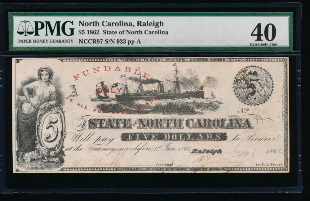 1862 $5 Raleigh NC Obsolete Note PMG 40: One 1862 $5 Raleigh NC Obsolete Note PMG 40.