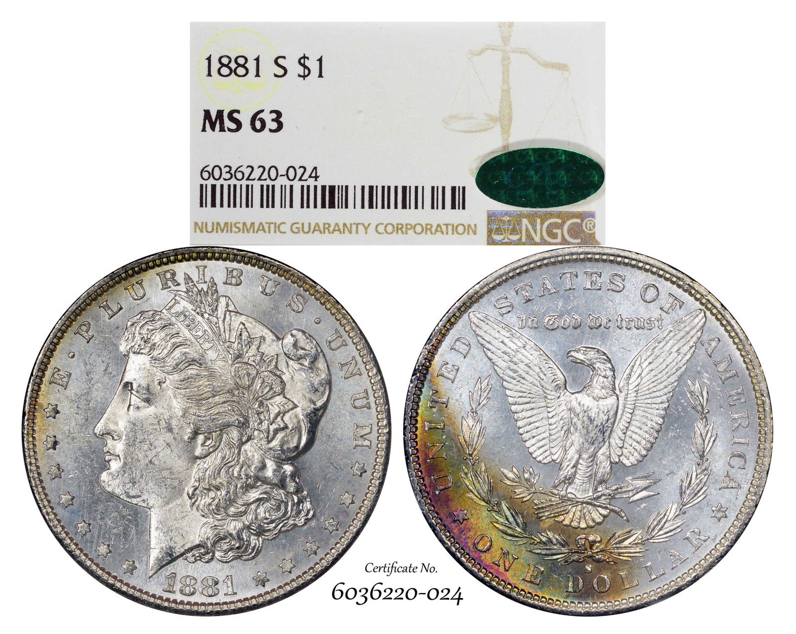 1881-S $1 Morgan Silver Dollar Coin NGC MS63 CAC: One 1881-S $1 Morgan Silver Dollar Coin NGC MS63 CAC Amazing Toning.