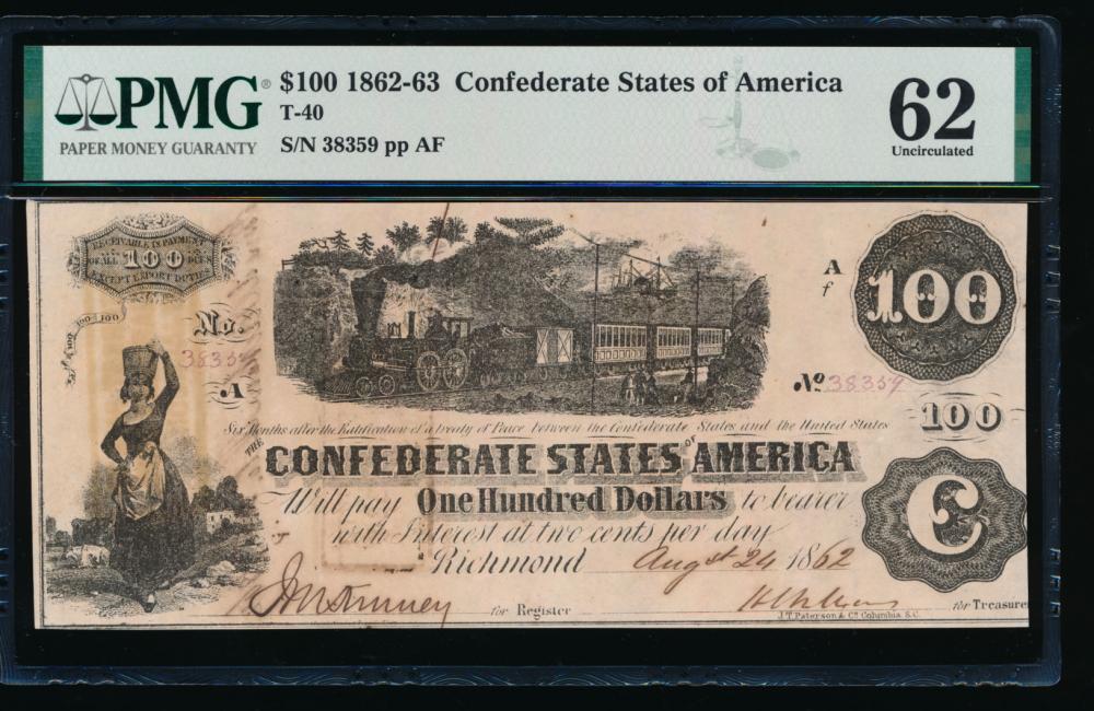 1862-63 $100 T-40 Confederate PMG 62: One 1862-63 $100 T-40 Confederate PMG 62.