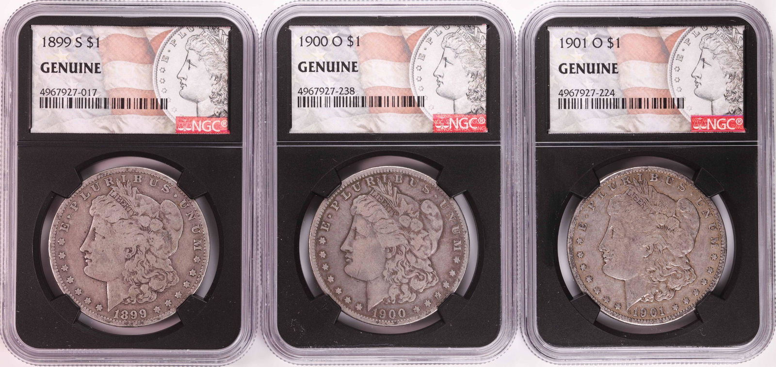 Lot of 1899-S, 1900-O, & 1901-O $1 Morgan Silver Dollar: One Lot of 1899-S, 1900-O, & 1901-O $1 Morgan Silver Dollar Coins NGC Genuine.