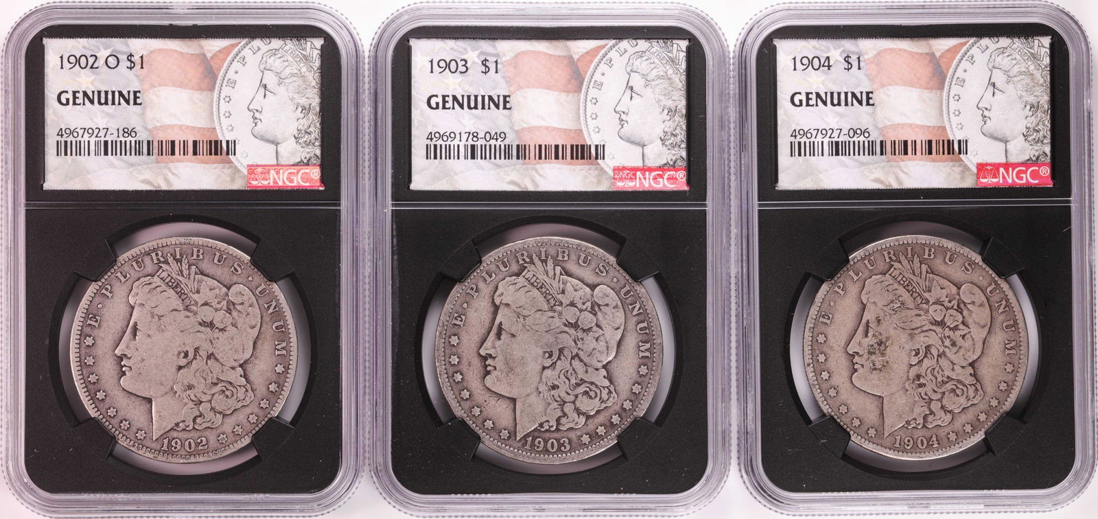 Lot of 1902-O, 1903, & 1904 $1 Morgan Silver Dollar: One Lot of 1902-O, 1903, & 1904 $1 Morgan Silver Dollar Coins NGC Genuine.