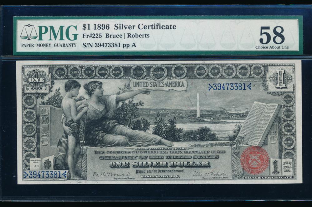 1896 $1 Educational Silver Certificate PMG 58: One 1896 $1 Educational Silver Certificate PMG 58.