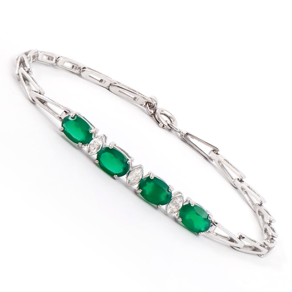 Plated Rhodium 2.55ctw Green Agate and Diamond Bracelet: One Plated Rhodium 2.55ctw Green Agate and Diamond Bracelet. (4) Green Agate stones with a total weight of 2.55cts. Diamonds with a total weight of 0.03cts with a color of I-J and clarity of I-3. Tota