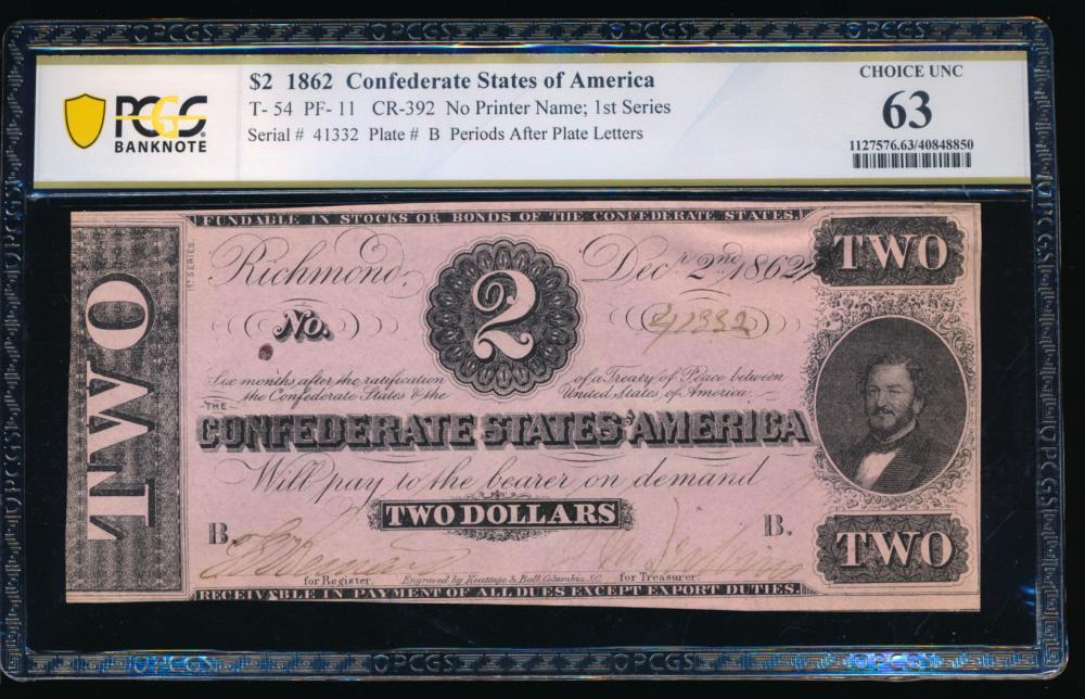 1862 $2 T-54 Confederate PCGS 63: One 1862 $2 T-54 Confederate PCGS 63.